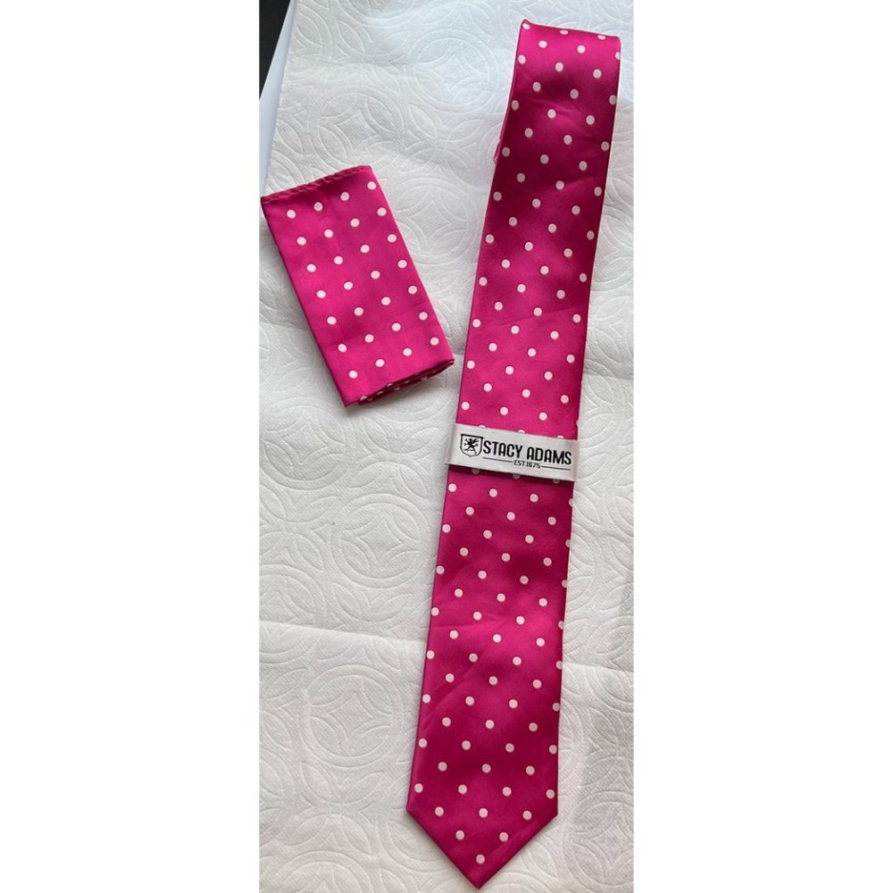 Stacy Adams Tie and Hanky-Pocket Square (Hot Pink and White Polka Dots)